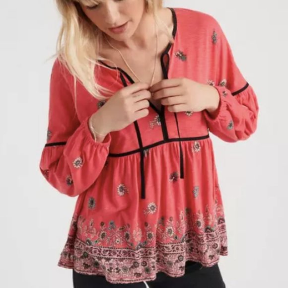 LUCKY BRAND Border Print Peasant Top